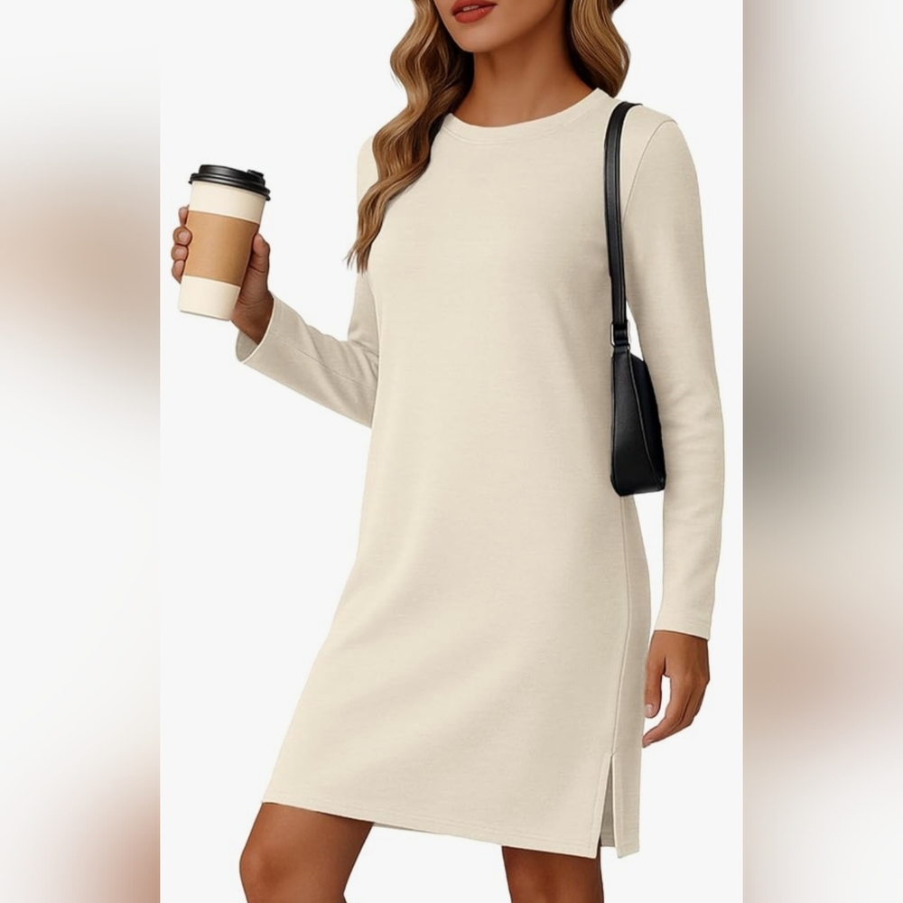 Sampeel Cream Color Crew Neck Long Sleeve Dress. Small. Very Soft - Picture 1 of 13
